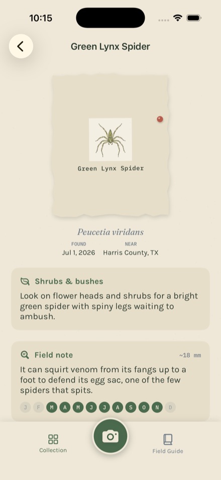 An illustrated Underfoot specimen card with habitat notes and nearby parks
